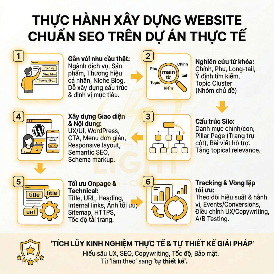 Quy trình xây dựng website chuẩn SEO với các bước nghiên cứu từ khóa, cấu trúc silo, tối ưu onpage và tracking hiệu suất