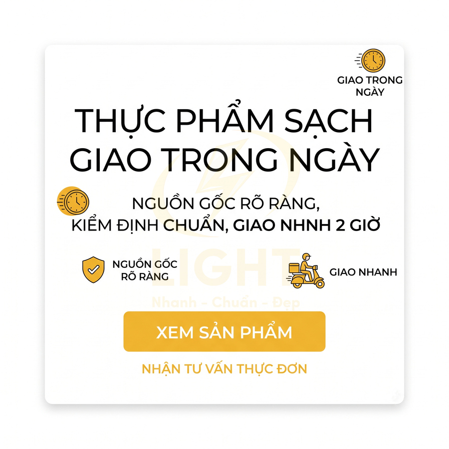 Banner dịch vụ thực phẩm sạch giao trong ngày, nguồn gốc rõ ràng, nút xem sản phẩm màu vàng