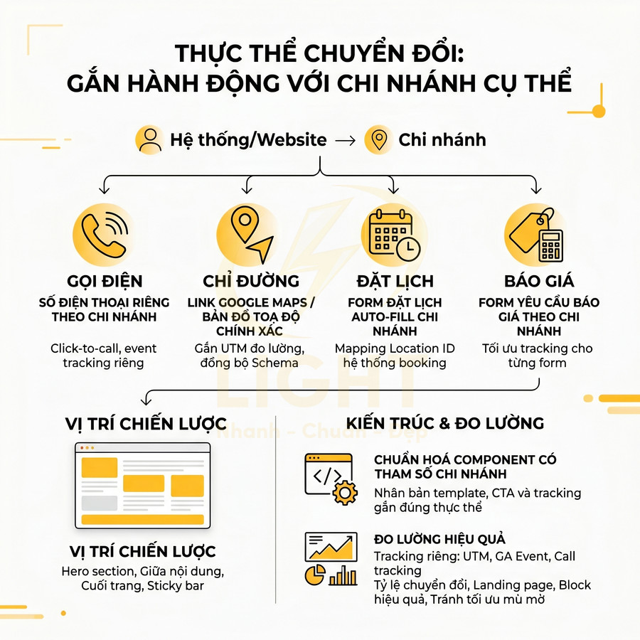 Infographic thực thể chuyển đổi gắn hành động với chi nhánh cụ thể trên website, gồm gọi điện, chỉ đường, đặt lịch, báo giá