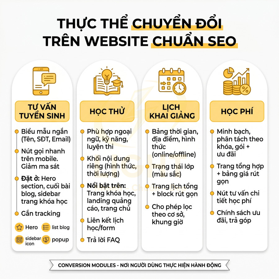 Infographic thực thể chuyển đổi trên website chuẩn SEO cho tư vấn tuyển sinh, học thử, lịch khai giảng và học phí