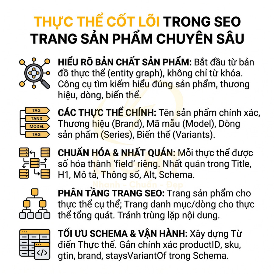 Nội dung hướng dẫn tối ưu thực thể cốt lõi trong SEO cho trang sản phẩm chuyên sâu bằng tiếng Việt