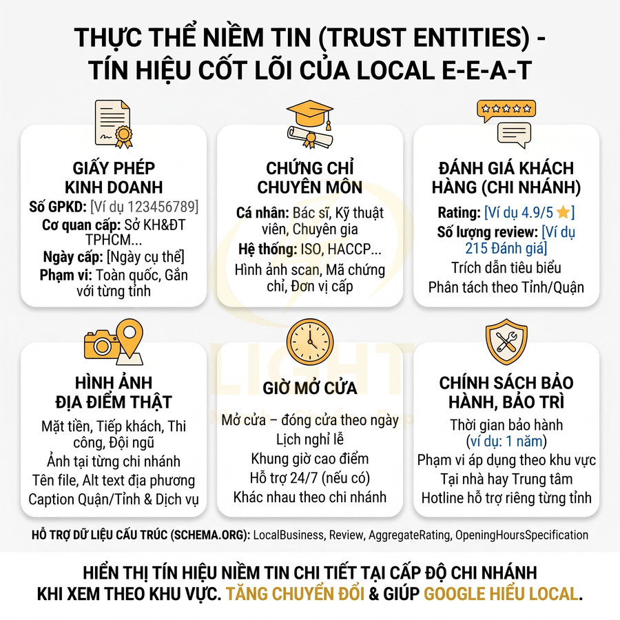 Infographic các yếu tố trust entities local E-E-A-T như giấy phép, chứng chỉ, review, giờ mở cửa, bảo hành, hình ảnh địa điểm