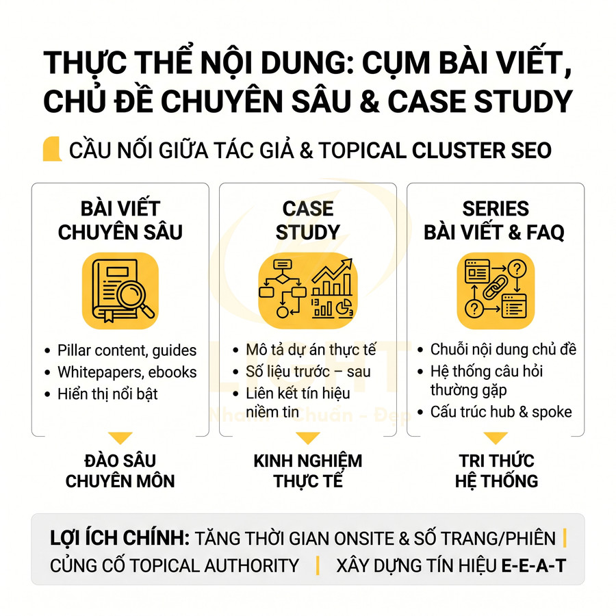Infographic về cụm bài viết, chủ đề chuyên sâu và case study trong chiến lược Topical Cluster SEO