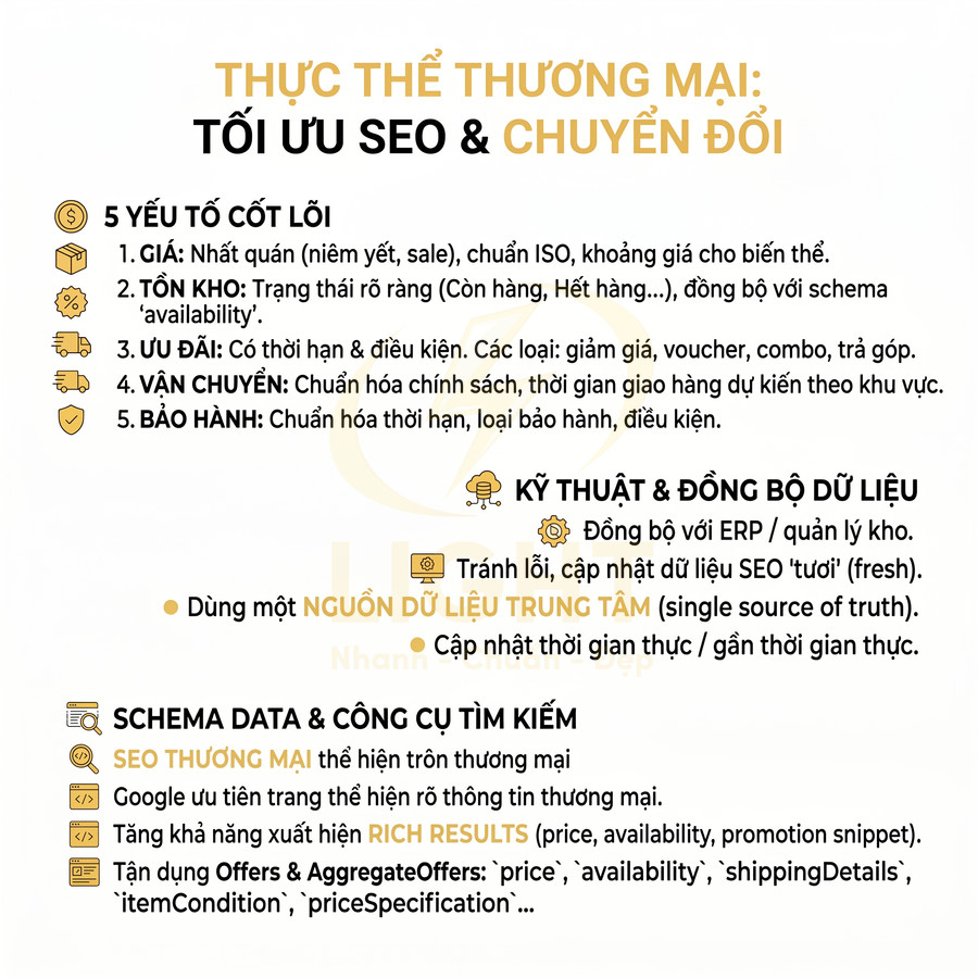 Infographic hướng dẫn tối ưu SEO thương mại với 5 yếu tố cốt lõi, kỹ thuật đồng bộ dữ liệu và schema data