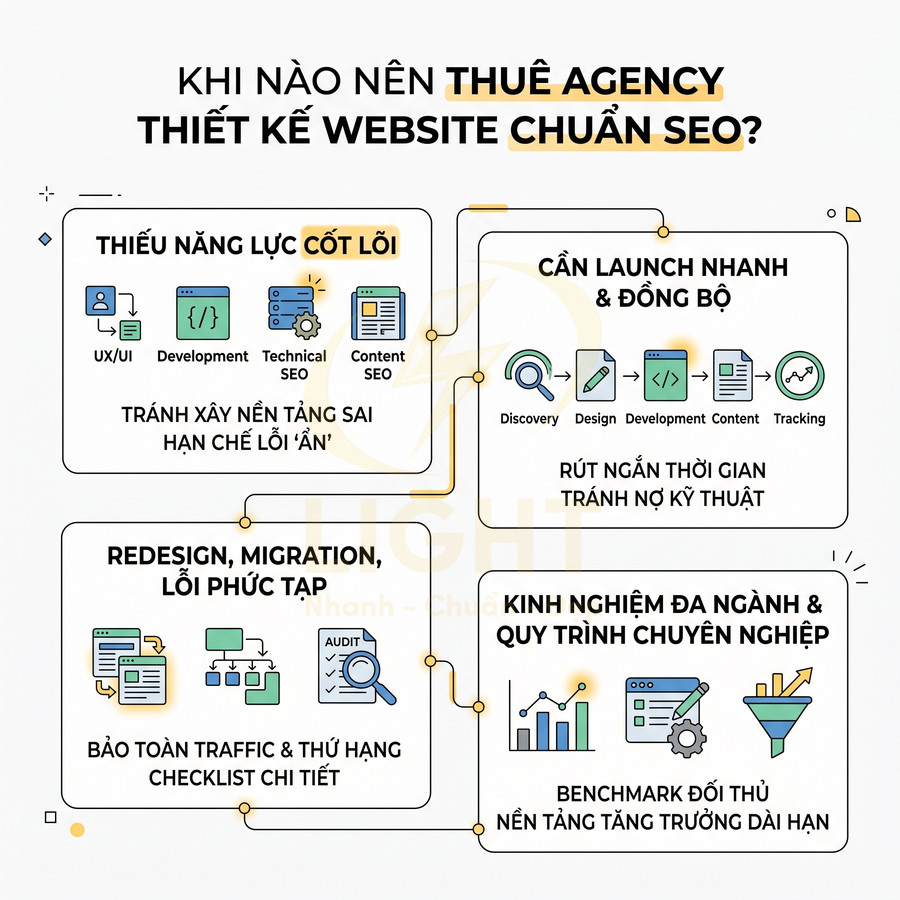 Infographic lý do nên thuê agency thiết kế website chuẩn SEO với các lợi ích và quy trình triển khai chuyên nghiệp