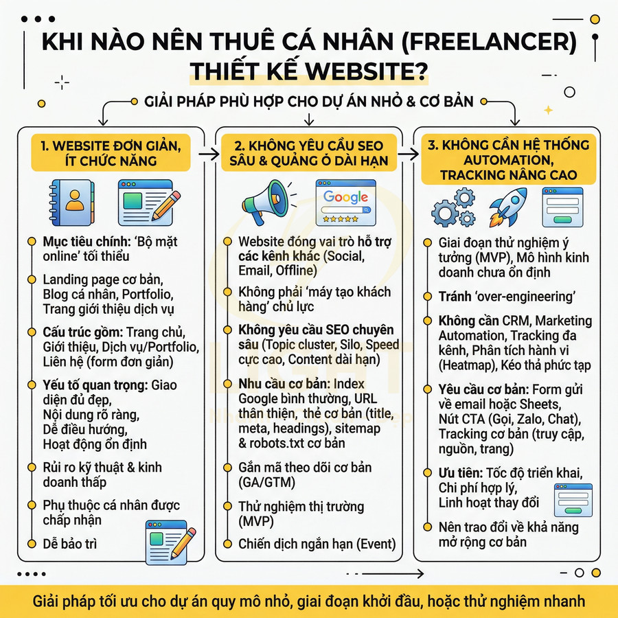 Infographic hướng dẫn khi nào nên thuê freelancer thiết kế website cho dự án nhỏ, ít chức năng, không cần SEO sâu