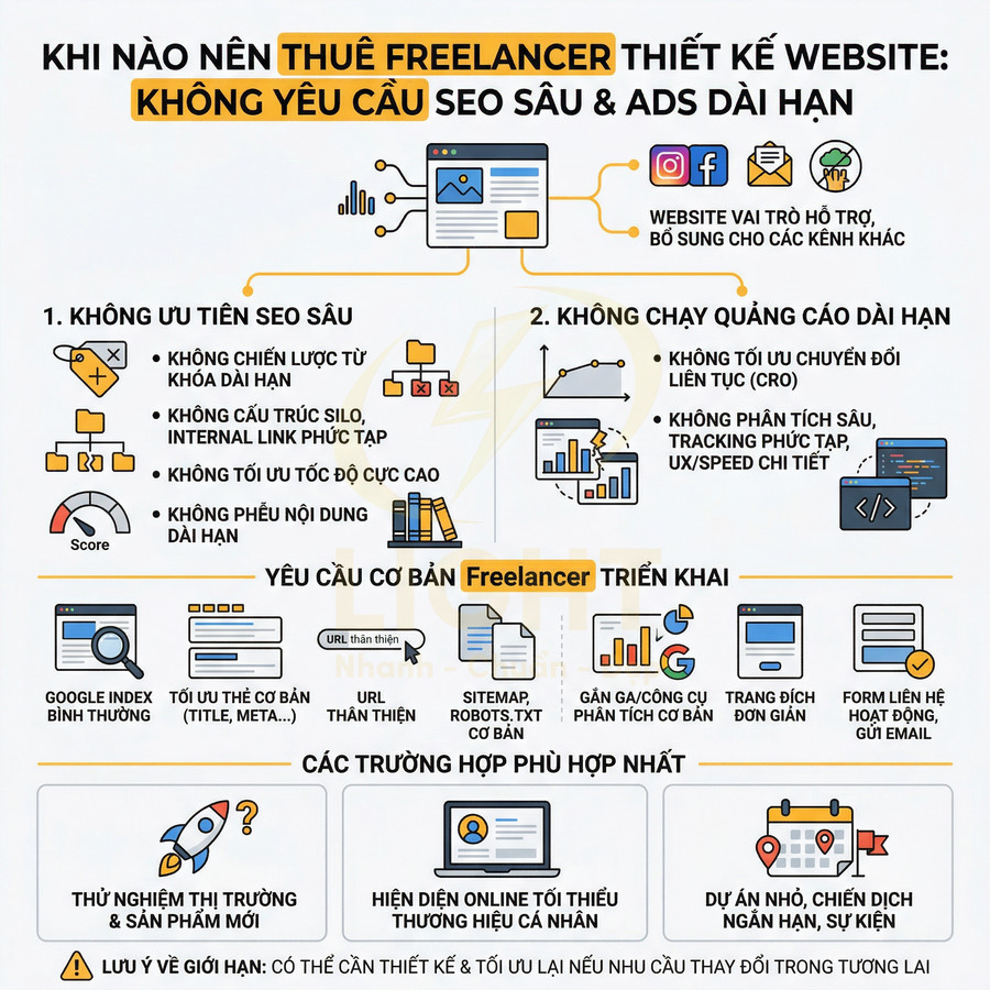 Infographic khi nào nên thuê freelancer thiết kế website không yêu cầu SEO sâu và quảng cáo dài hạn