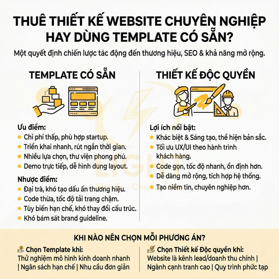 So sánh ưu nhược điểm thuê thiết kế website chuyên nghiệp và dùng template có sẵn, gợi ý khi nên chọn mỗi phương án