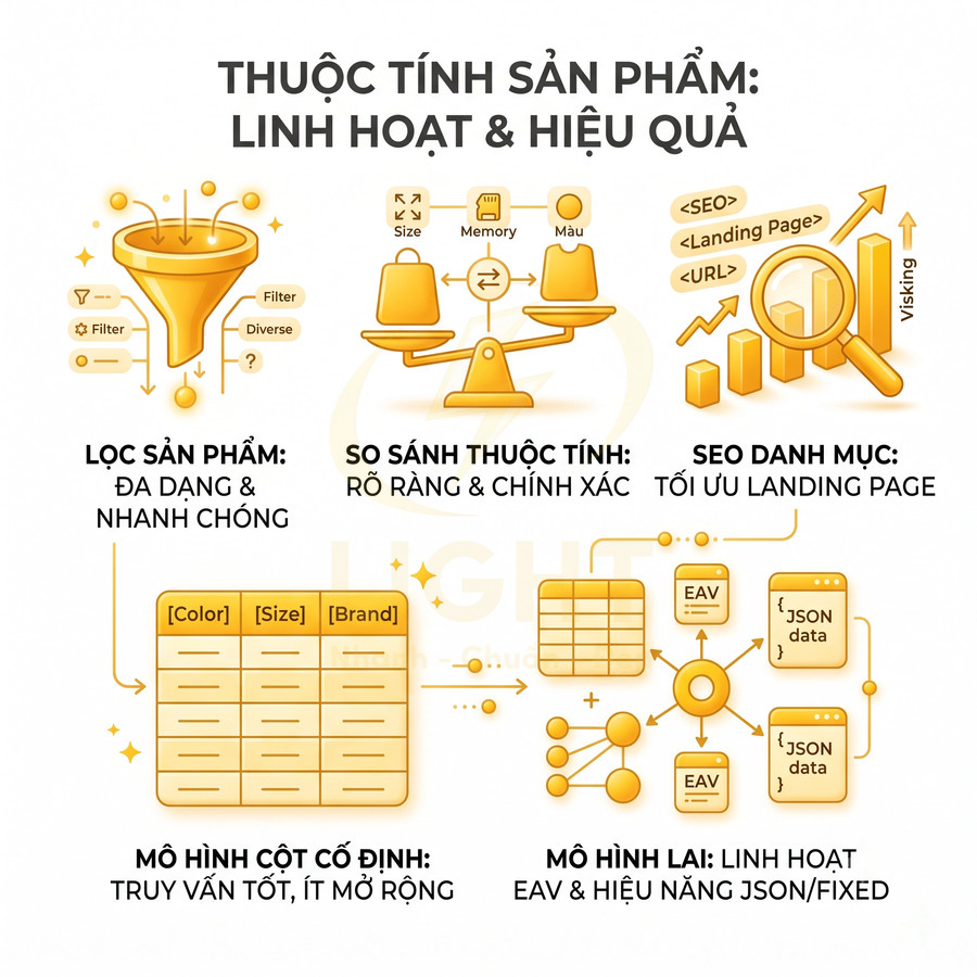 Minh họa thuộc tính sản phẩm linh hoạt, lọc và so sánh sản phẩm, tối ưu SEO danh mục và mô hình dữ liệu EAV JSON