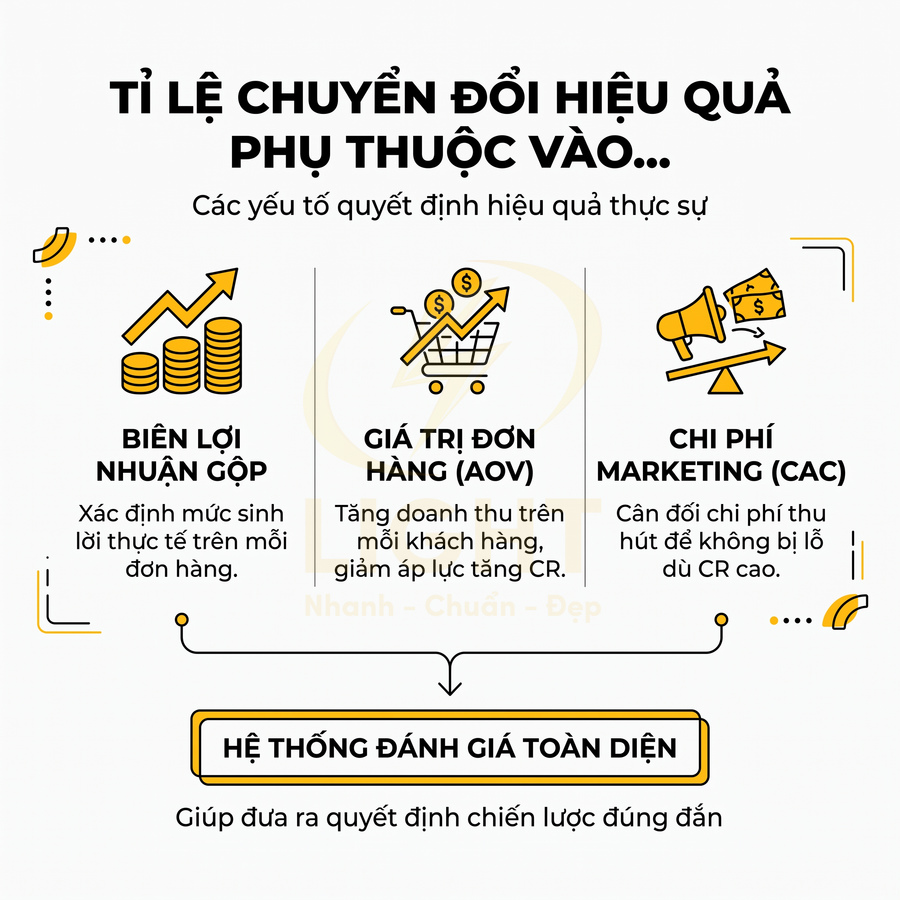 Infographic các yếu tố ảnh hưởng tỉ lệ chuyển đổi: biên lợi nhuận gộp, giá trị đơn hàng, chi phí marketing
