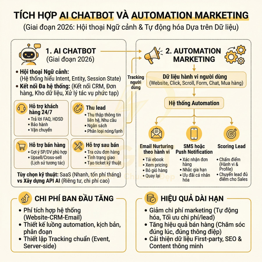 Infographic tích hợp AI chatbot và automation marketing, mô tả quy trình chăm sóc khách hàng và tối ưu bán hàng