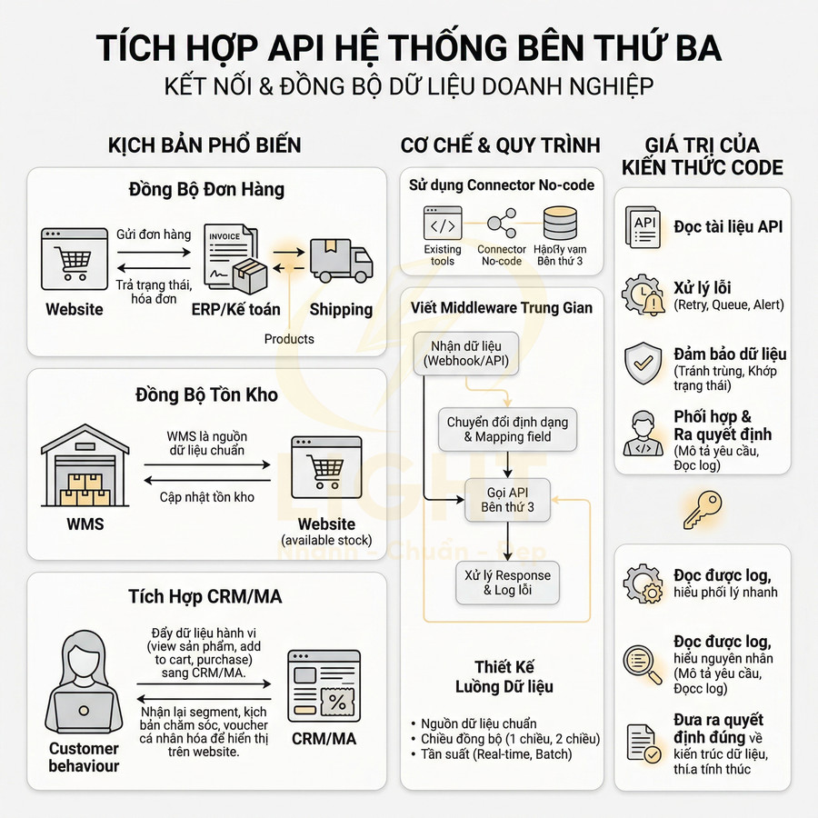 Sơ đồ tích hợp API hệ thống bên thứ ba để đồng bộ đơn hàng, tồn kho và CRM cho doanh nghiệp