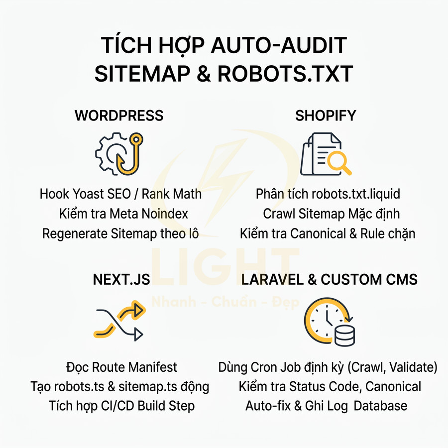 Giải pháp tích hợp auto audit sitemap và robots.txt cho WordPress Shopify Next.js Laravel và custom CMS