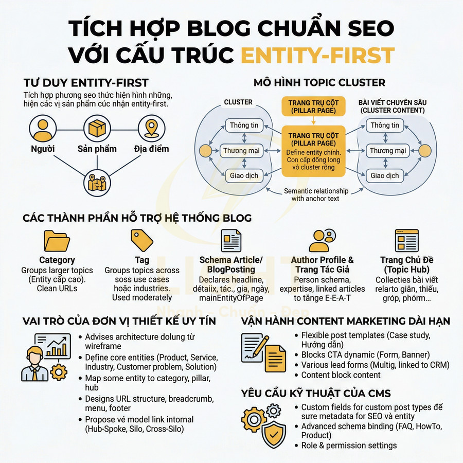 Hướng dẫn tích hợp blog chuẩn SEO với cấu trúc entity first và mô hình topic cluster chi tiết