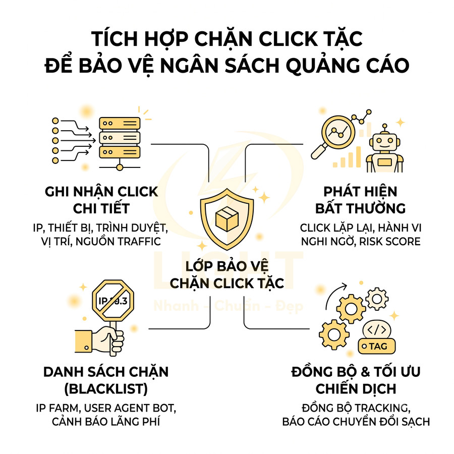 Giải pháp chặn click tặc bảo vệ ngân sách quảng cáo với ghi nhận chi tiết, phát hiện bất thường và tối ưu chiến dịch