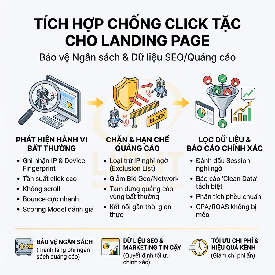 Giải pháp chống click tặc cho landing page với các bước phát hiện, chặn quảng cáo và lọc dữ liệu báo cáo chính xác