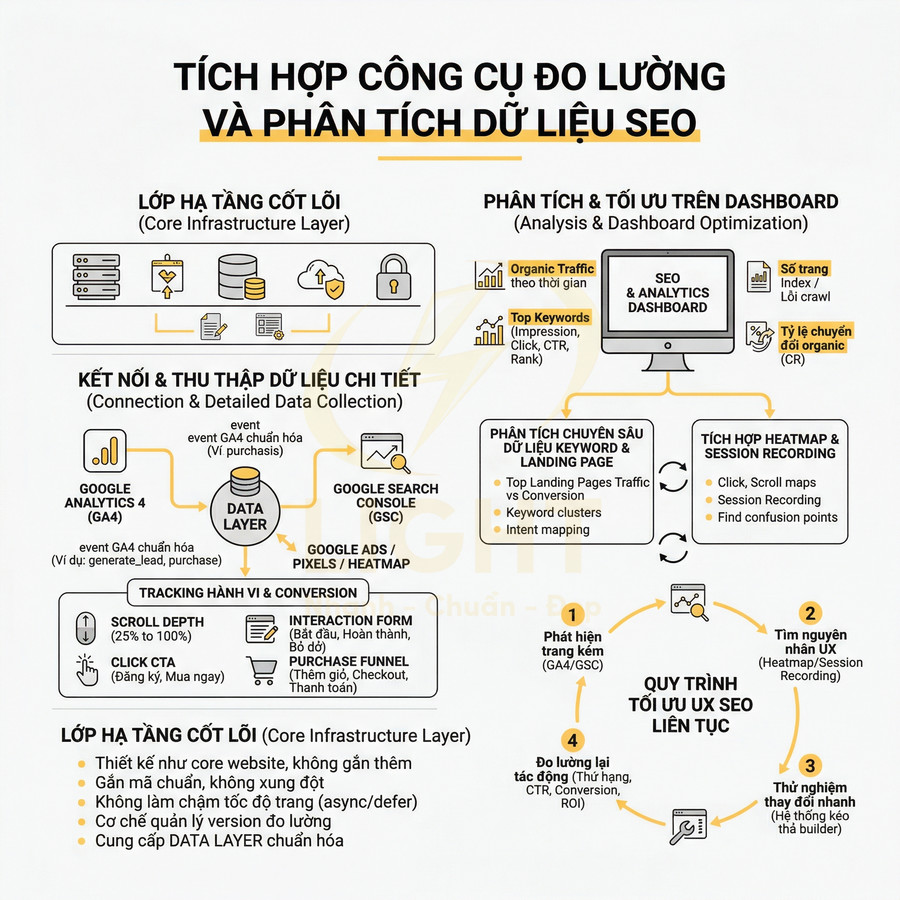 Sơ đồ tích hợp công cụ đo lường và phân tích dữ liệu SEO với Google Analytics, Search Console, heatmap và dashboard