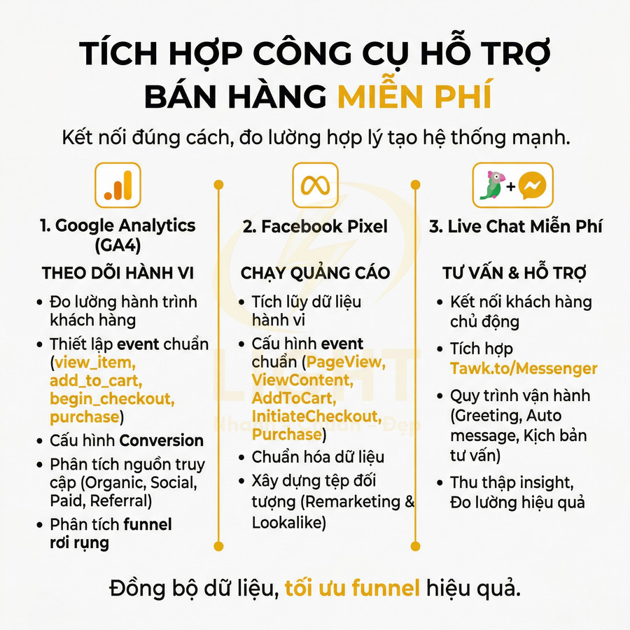 Tích hợp Google Analytics GA4, Facebook Pixel và live chat miễn phí để theo dõi hành vi và tối ưu bán hàng online