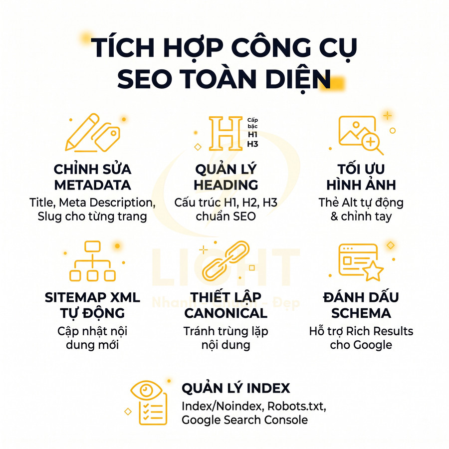 Tính năng tích hợp công cụ SEO toàn diện: chỉnh sửa metadata, heading, sitemap, canonical, schema, index, tối ưu ảnh