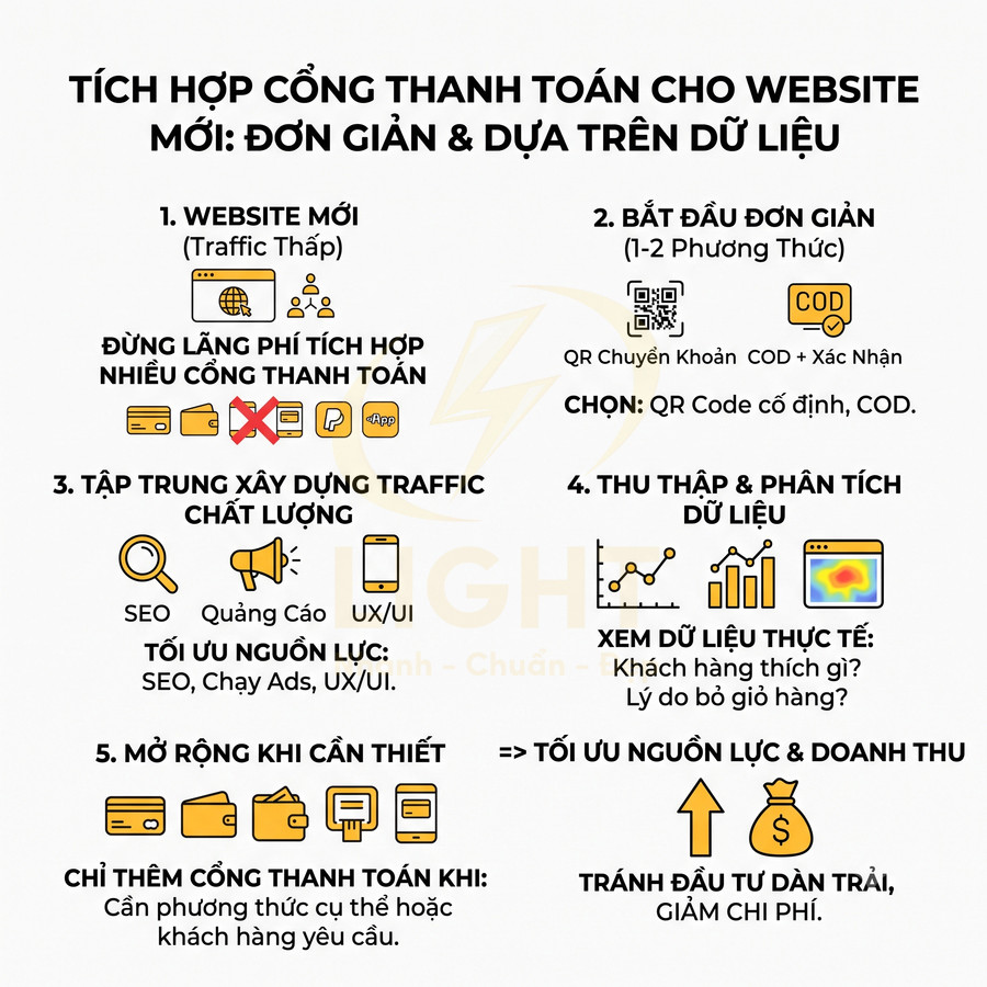 Hướng dẫn tích hợp cổng thanh toán cho website mới, tập trung ít phương thức, xây dựng traffic và tối ưu doanh thu
