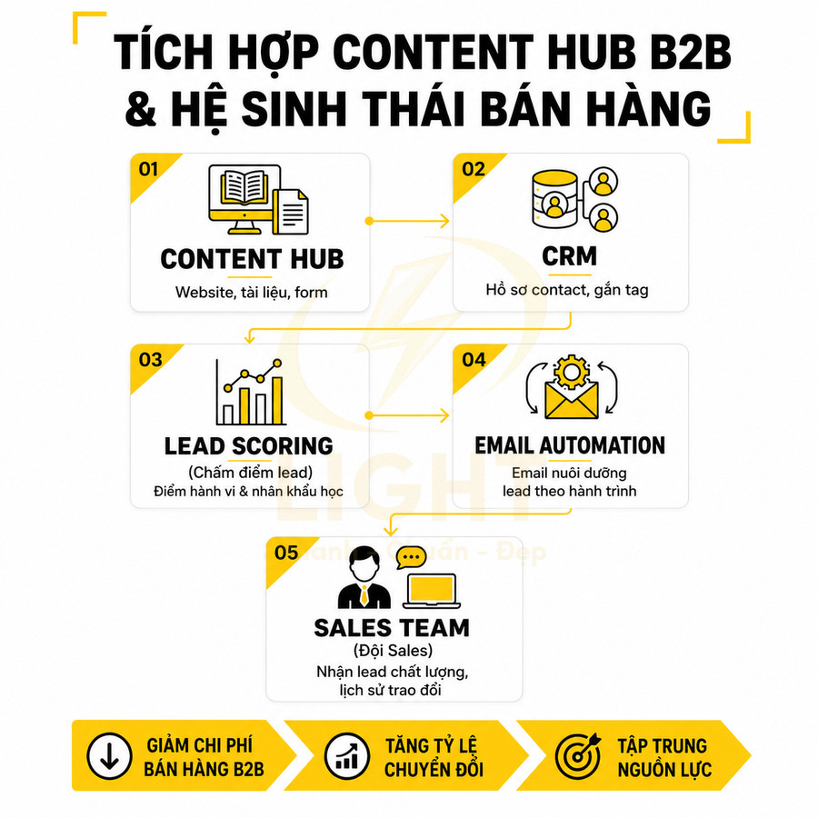 Mô hình tích hợp content hub B2B với CRM, lead scoring, email automation và đội sales tối ưu bán hàng