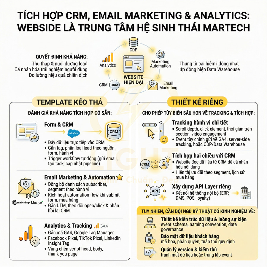Infographic tích hợp CRM, email marketing và analytics với website làm trung tâm hệ sinh thái MarTech