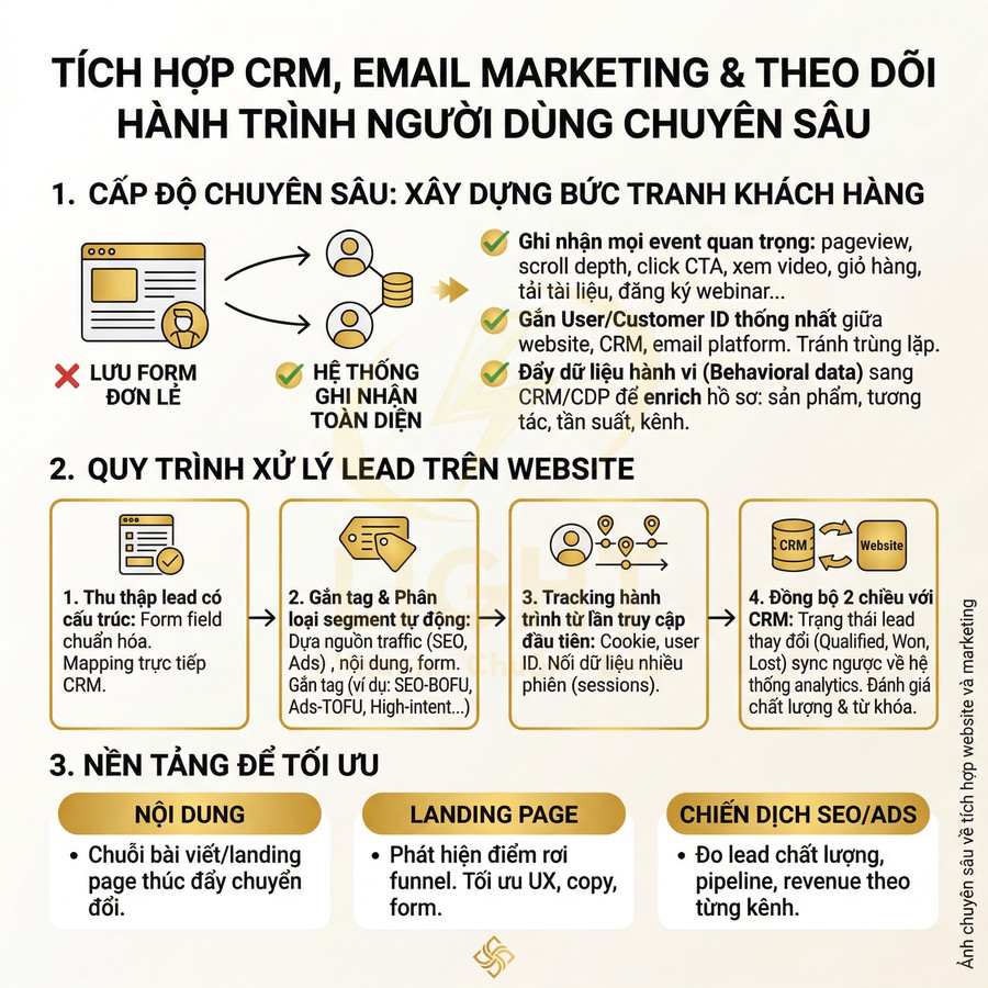 Infographic quy trình tích hợp CRM, email marketing và theo dõi hành trình người dùng để xử lý lead trên website