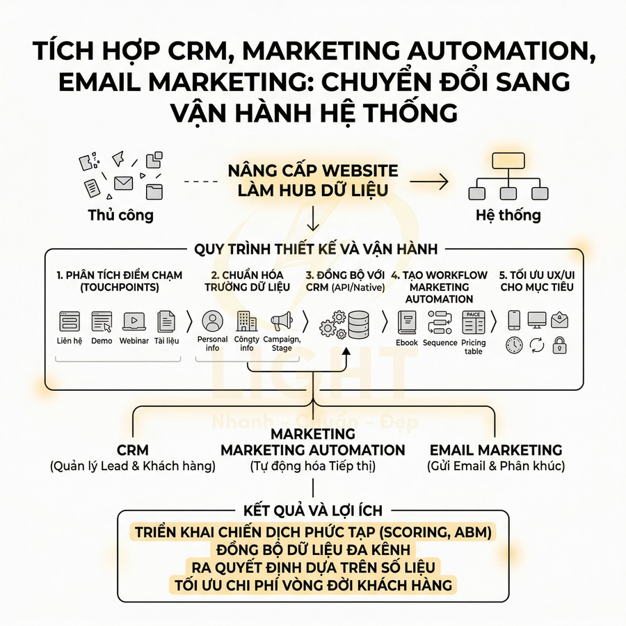 Sơ đồ quy trình tích hợp CRM, marketing automation và email marketing, nâng cấp website thành hub dữ liệu