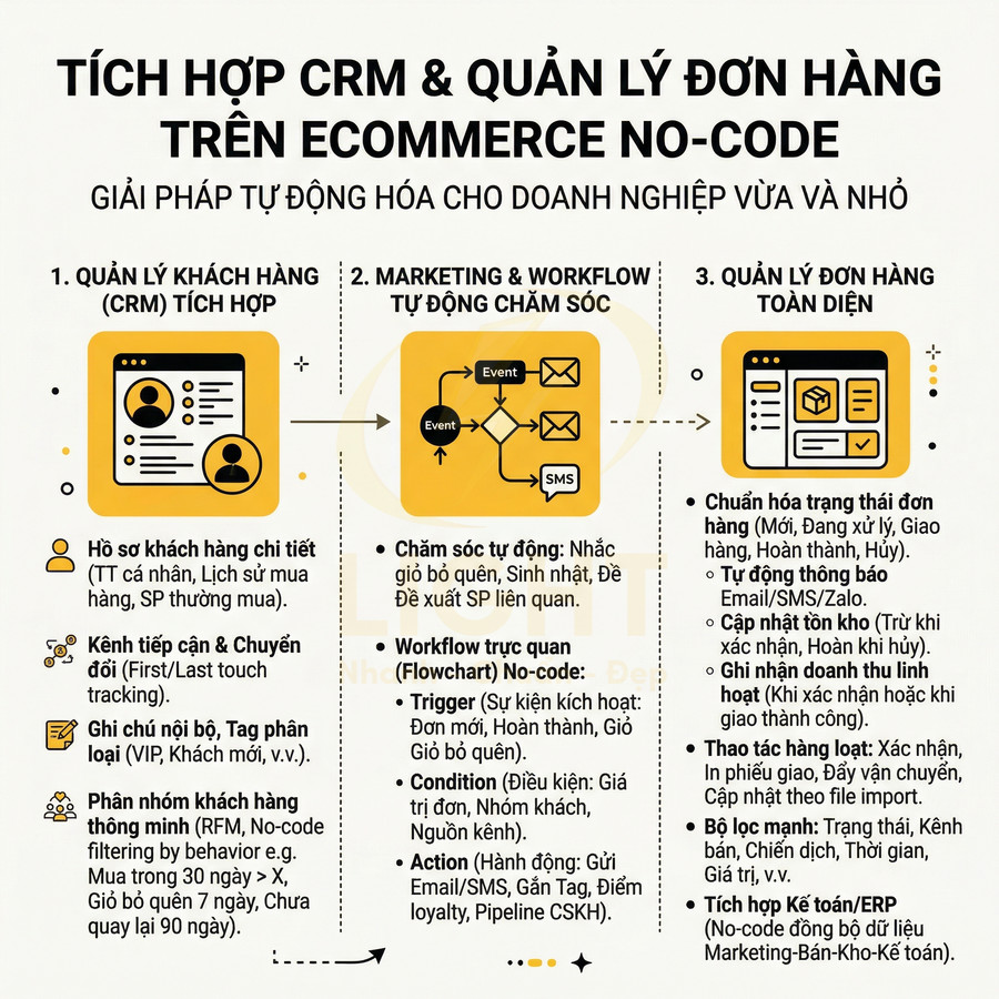 Sơ đồ tích hợp CRM và quản lý đơn hàng với các bước chăm sóc khách hàng và xử lý đơn trên nền tảng bán hàng