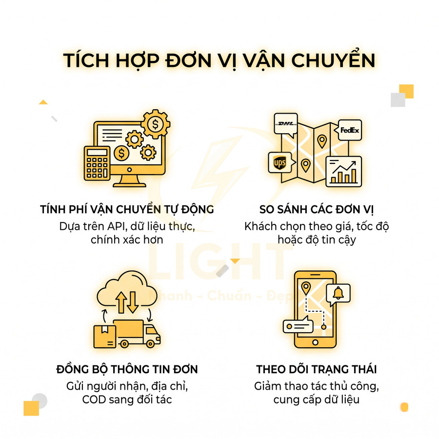 Tính năng tích hợp đơn vị vận chuyển: tính phí tự động, so sánh hãng, đồng bộ đơn hàng và theo dõi trạng thái trên hệ thống