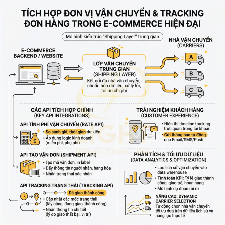 Sơ đồ tích hợp đơn vị vận chuyển và tracking đơn hàng trong hệ thống e commerce hiện đại