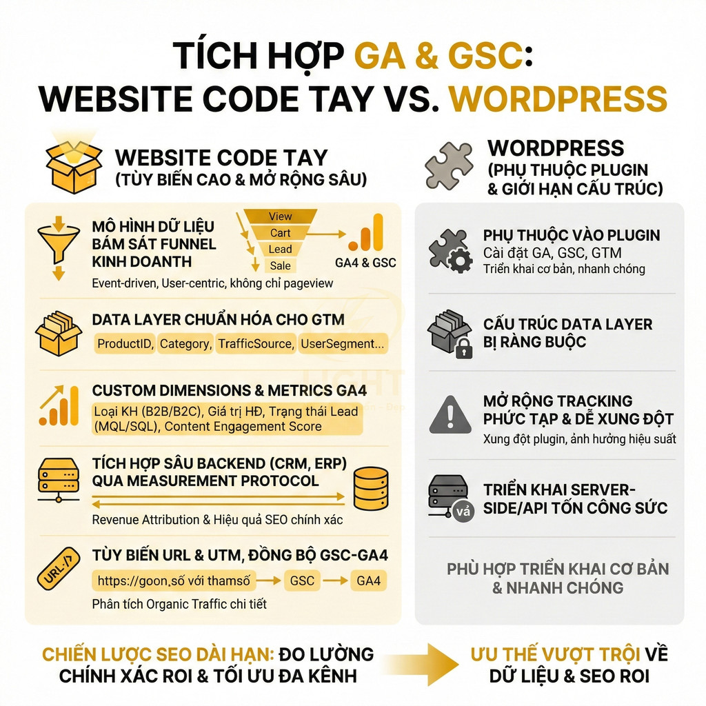 So sánh tích hợp Google Analytics và Google Search Console giữa website code tay và WordPress cho chiến lược SEO