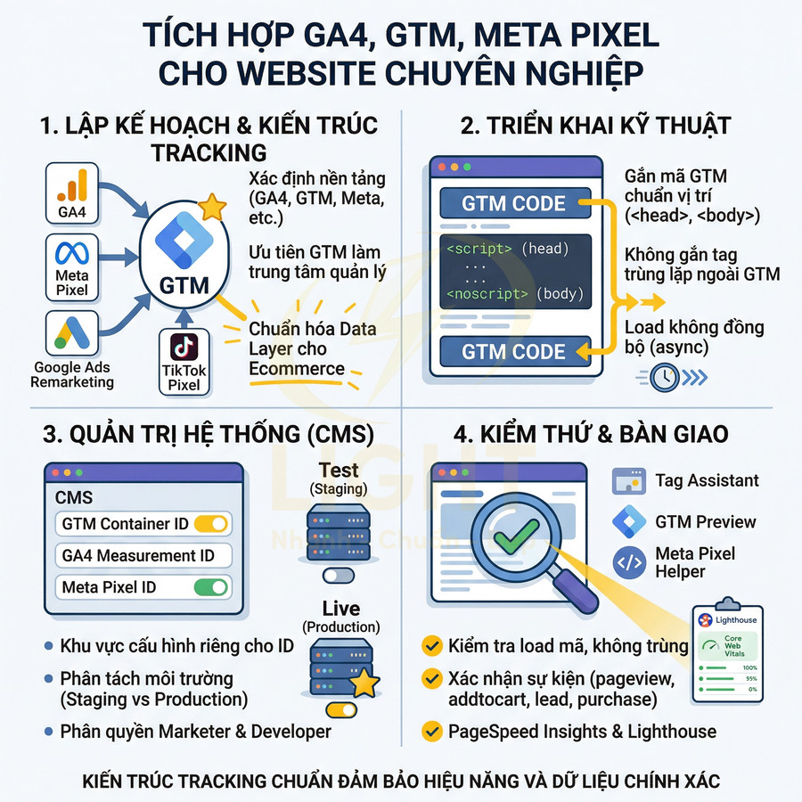 Hướng dẫn tích hợp GA4, Google Tag Manager và Meta Pixel chuẩn tracking cho website chuyên nghiệp