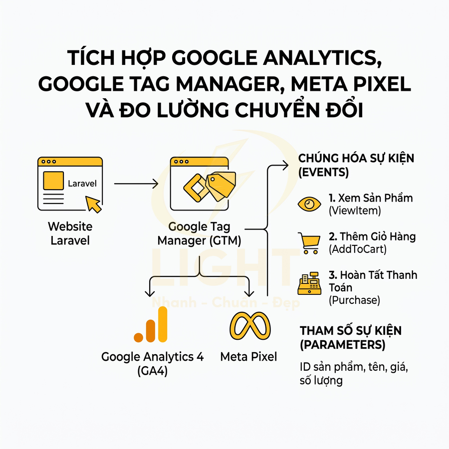 Sơ đồ tích hợp website Laravel với Google Tag Manager, Google Analytics 4 và Meta Pixel để đo lường chuyển đổi