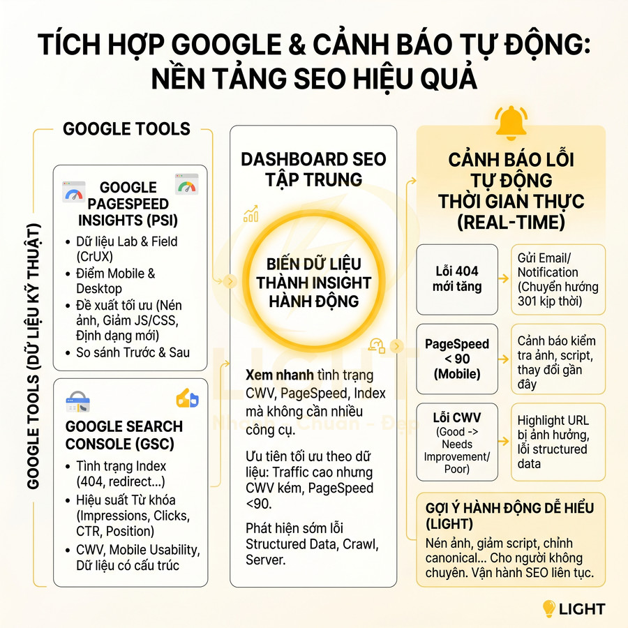 Infographic nền tảng SEO LIGHT tích hợp Google Tools, dashboard SEO tập trung và cảnh báo lỗi tự động thời gian thực