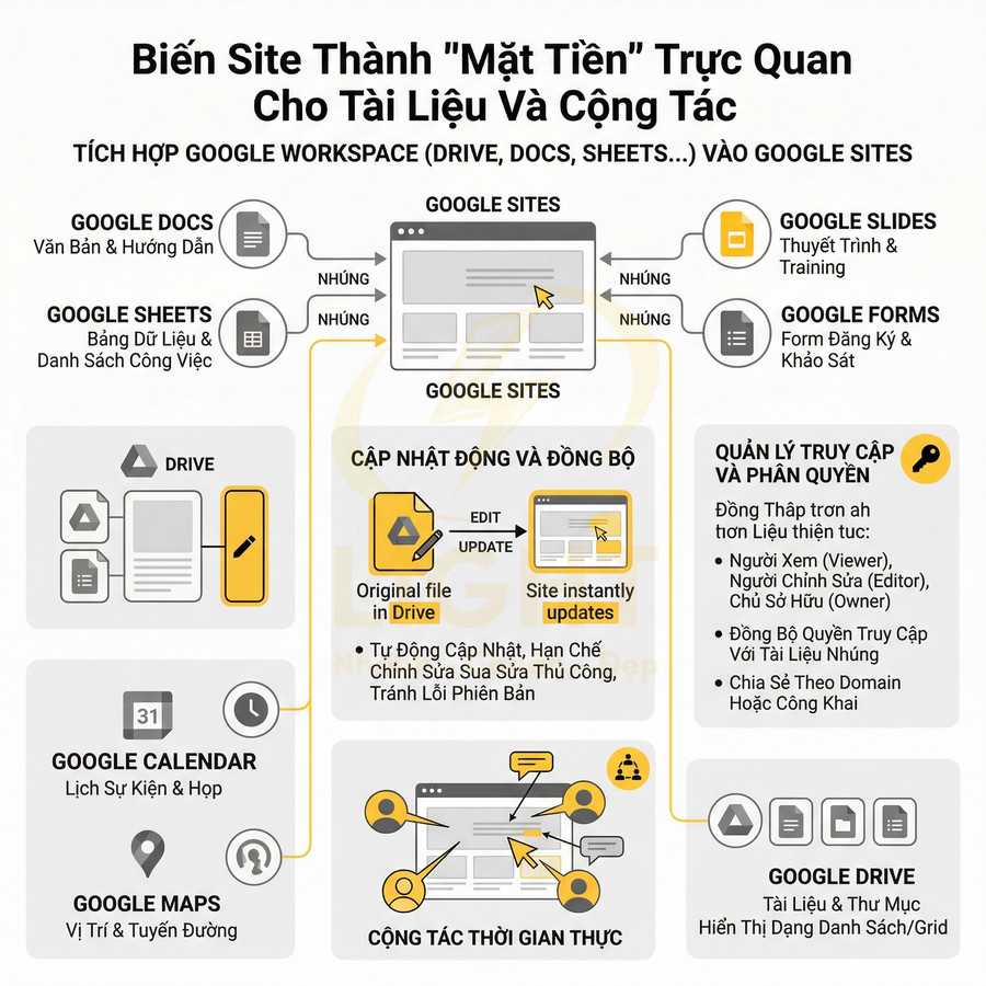 Infographic tích hợp Google Workspace vào Google Sites, đồng bộ Google Docs, Sheets, Slides, Forms và Drive để cộng tác thời gian thực