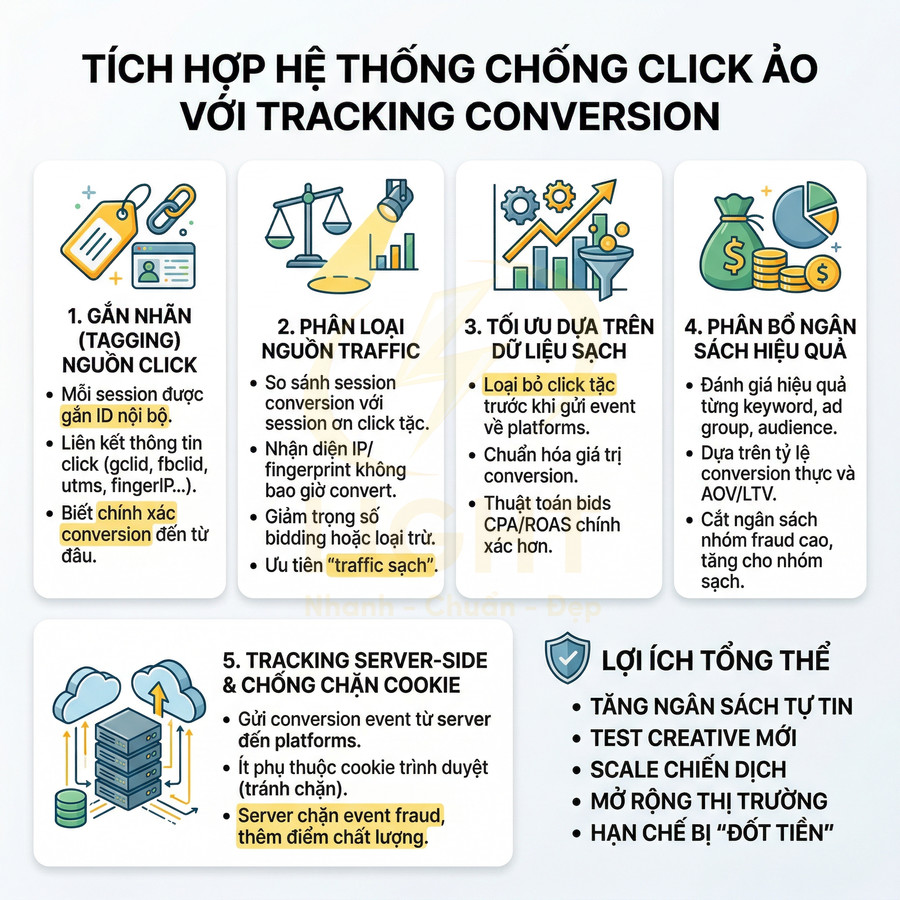 Infographic tích hợp hệ thống chống click ảo với tracking conversion và các bước tối ưu ngân sách quảng cáo
