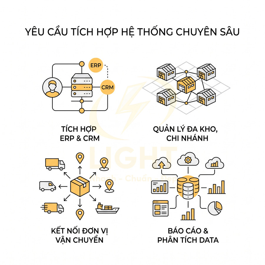 Yêu cầu tích hợp hệ thống chuyên sâu với ERP CRM quản lý đa kho kết nối vận chuyển và báo cáo phân tích data
