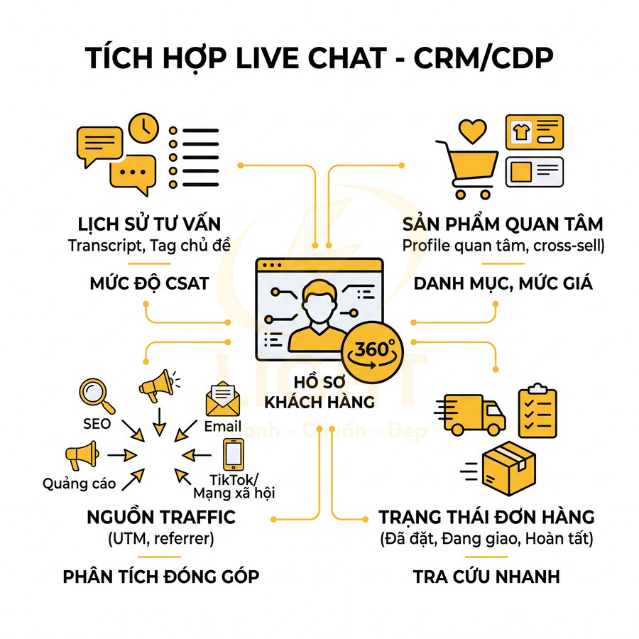 Mô hình tích hợp live chat với CRM CDP hiển thị hồ sơ khách hàng 360 độ và các nguồn dữ liệu liên quan
