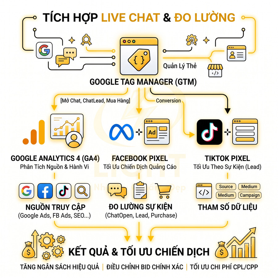 Sơ đồ tích hợp live chat và đo lường chiến dịch qua Google Tag Manager, GA4, Facebook Pixel, TikTok Pixel