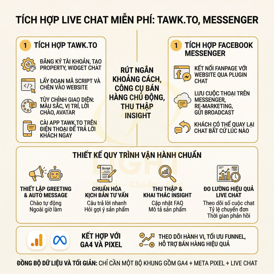 Hướng dẫn tích hợp live chat miễn phí Tawk.to và Facebook Messenger, thiết kế quy trình vận hành và đo lường hiệu quả