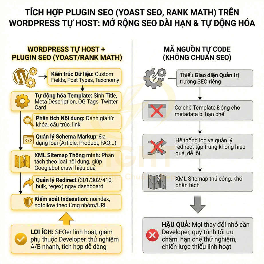 So sánh tích hợp plugin SEO Yoast Rank Math trên WordPress tự host với mã nguồn tự code và các lợi ích SEO