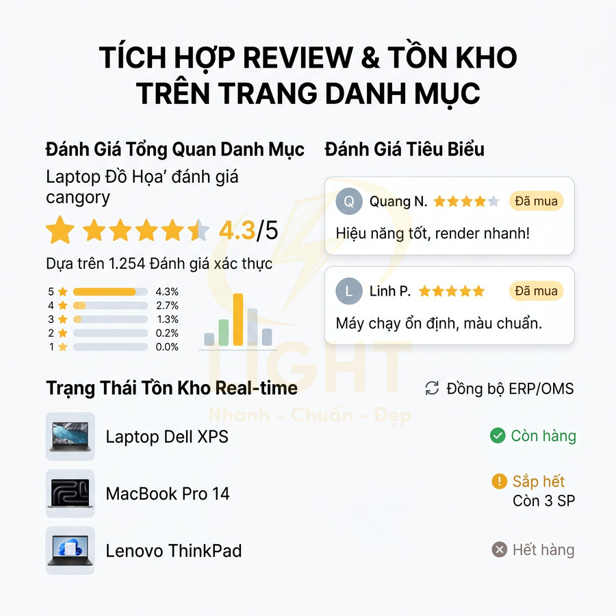 Giao diện đánh giá và tồn kho real time cho laptop Dell XPS, MacBook Pro 14 và Lenovo ThinkPad trên trang danh mục