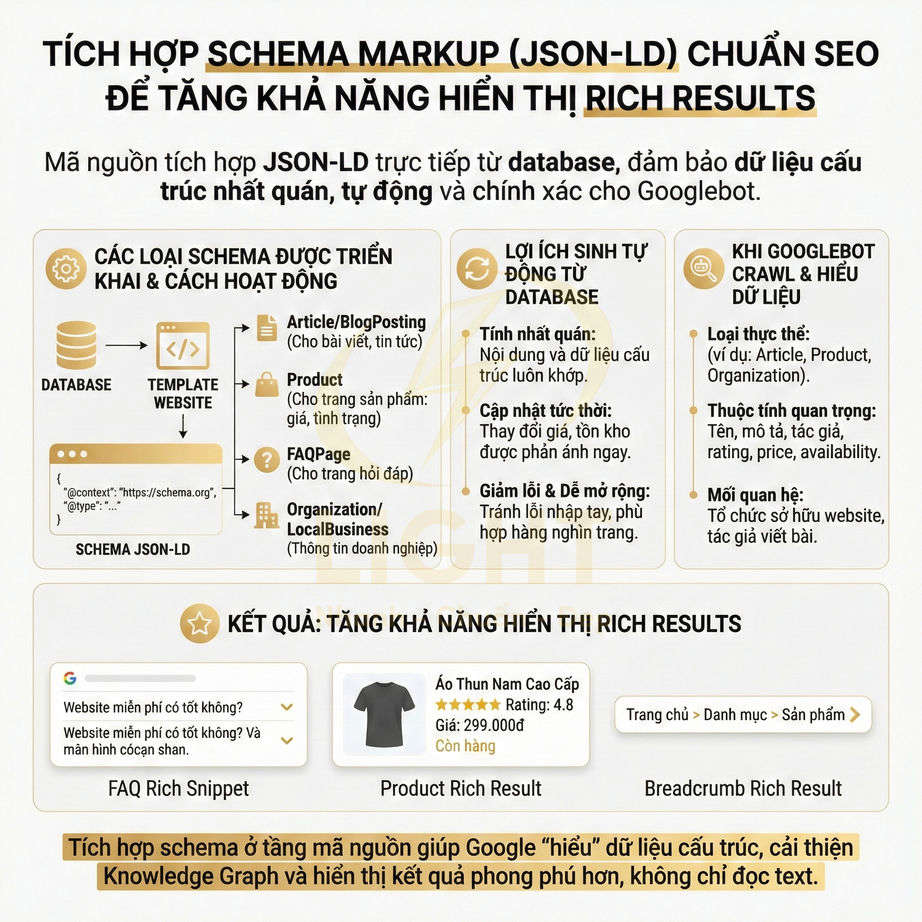 Infographic hướng dẫn tích hợp schema markup JSON LD chuẩn SEO để tăng khả năng hiển thị rich results trên Google