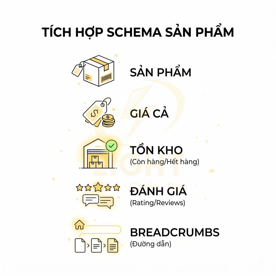 Minh họa các thành phần schema sản phẩm gồm sản phẩm, giá cả, tồn kho, đánh giá và breadcrumbs
