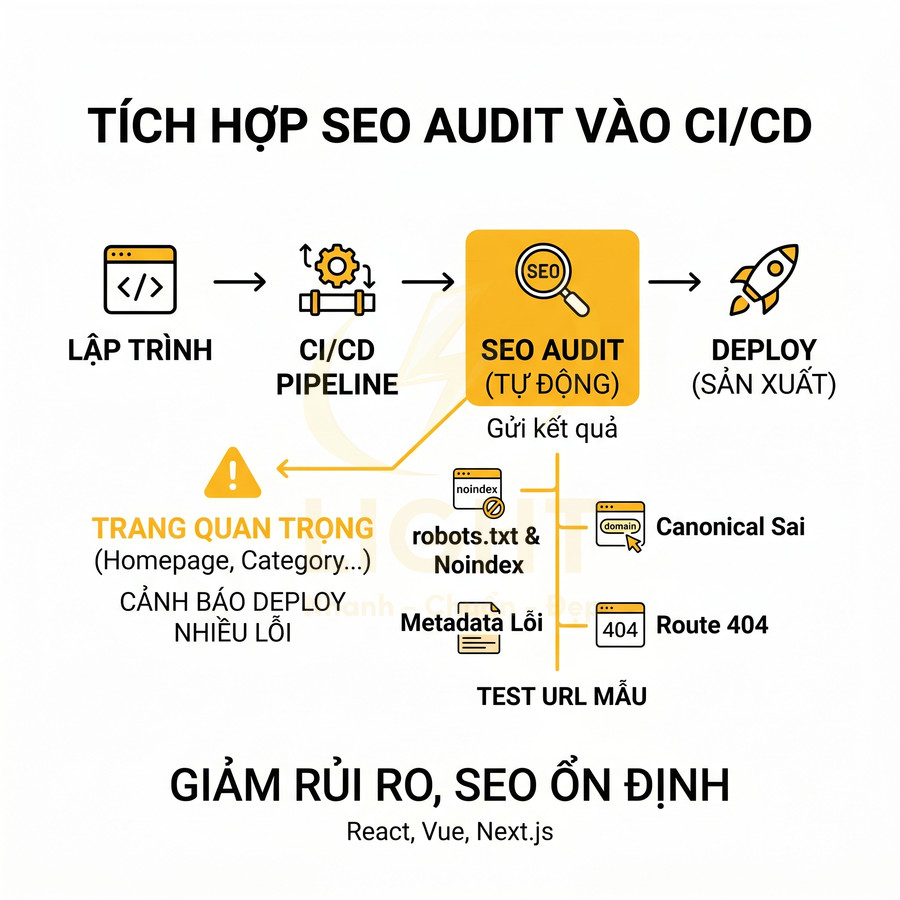 Sơ đồ quy trình tích hợp SEO audit tự động vào CI CD để giảm rủi ro khi deploy website