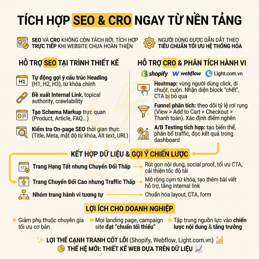 Mô tả giải pháp tích hợp SEO và CRO trên nền tảng Light.com.vn với các tính năng tối ưu website và phân tích hành vi