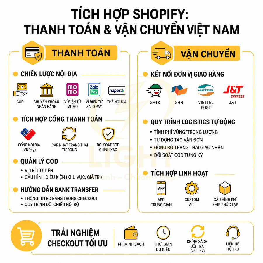 Tích hợp Shopify với cổng thanh toán MoMo, ZaloPay, VNPay và đơn vị vận chuyển GHTK, GHN, Viettel Post, J&T Express