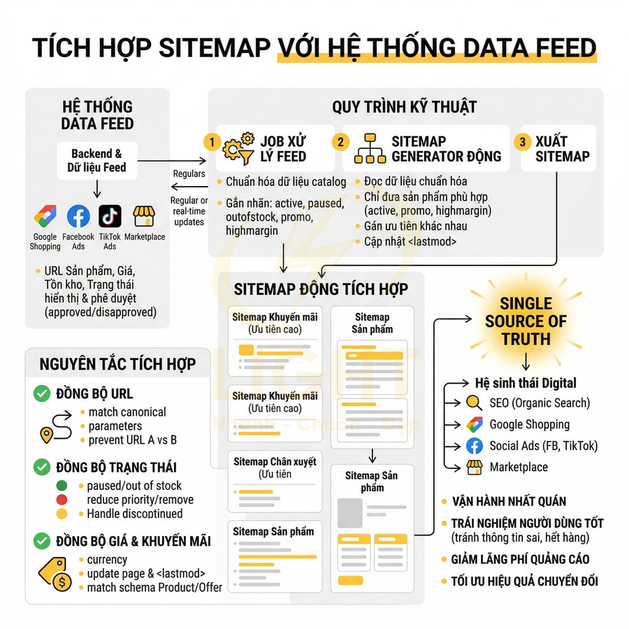 Sơ đồ tích hợp sitemap với hệ thống data feed cho SEO, Google Shopping và quảng cáo mạng xã hội