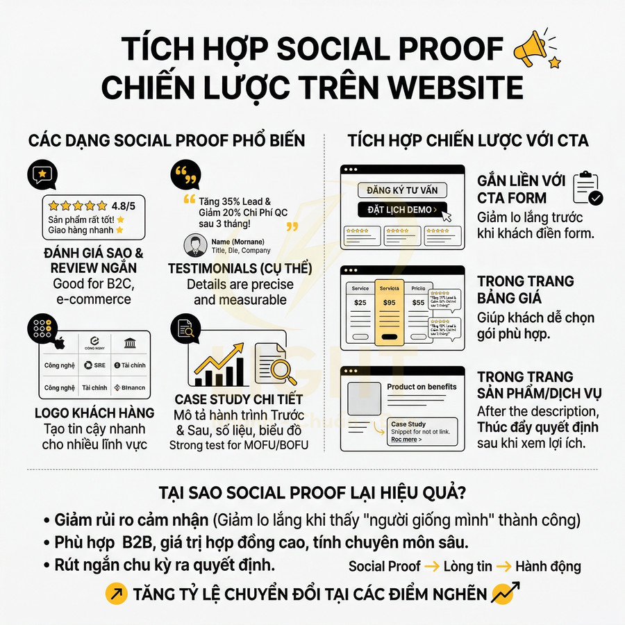 Infographic hướng dẫn tích hợp social proof vào website với các dạng review, logo khách hàng, case study và CTA tăng chuyển đổi